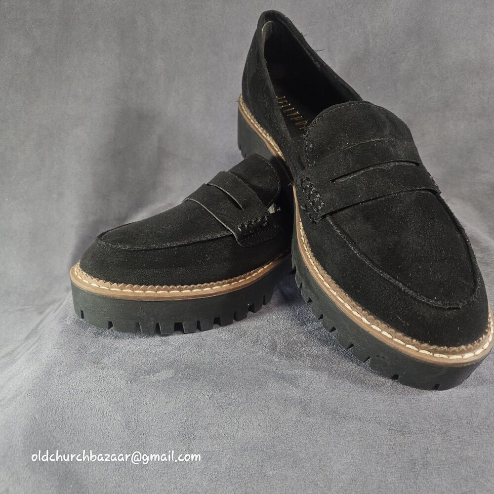 Jellypop Paris Women's Sz11M Chunky Black Suede Platform Loafers Lug Sole